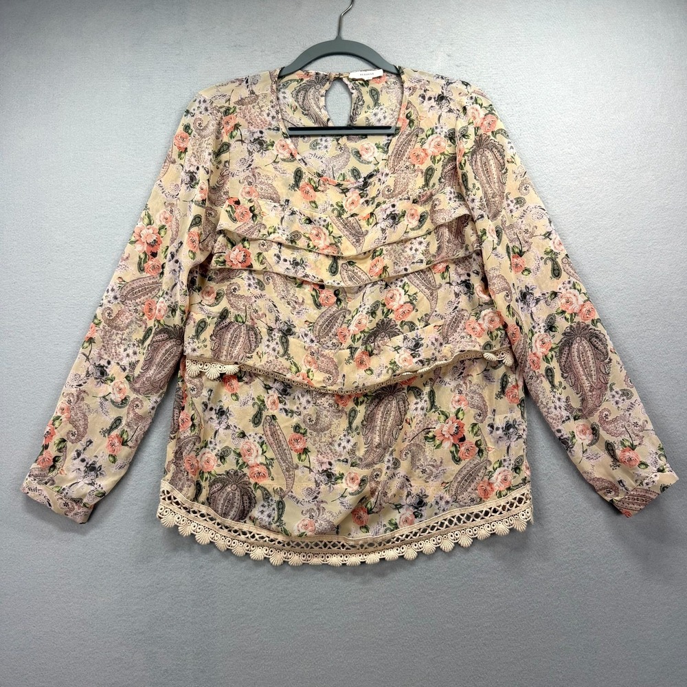 Pleione Blouse Top Womens Small Multi Paisley Floral Ruffle Lace Trim Round Neck